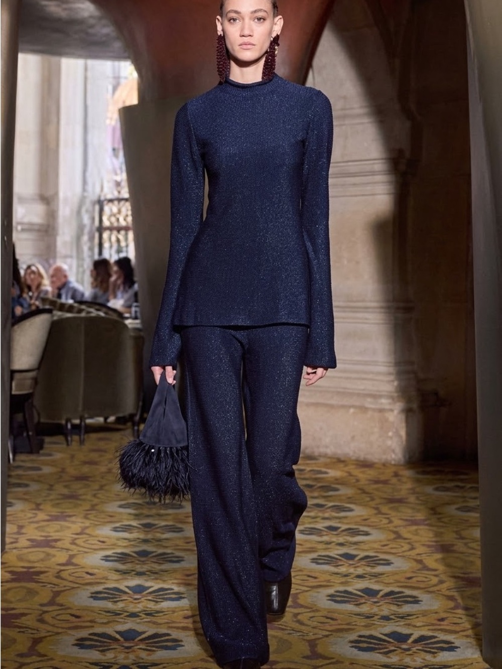 JO Hilos Míticos Lurex Knit Navy Wide-Leg Pants